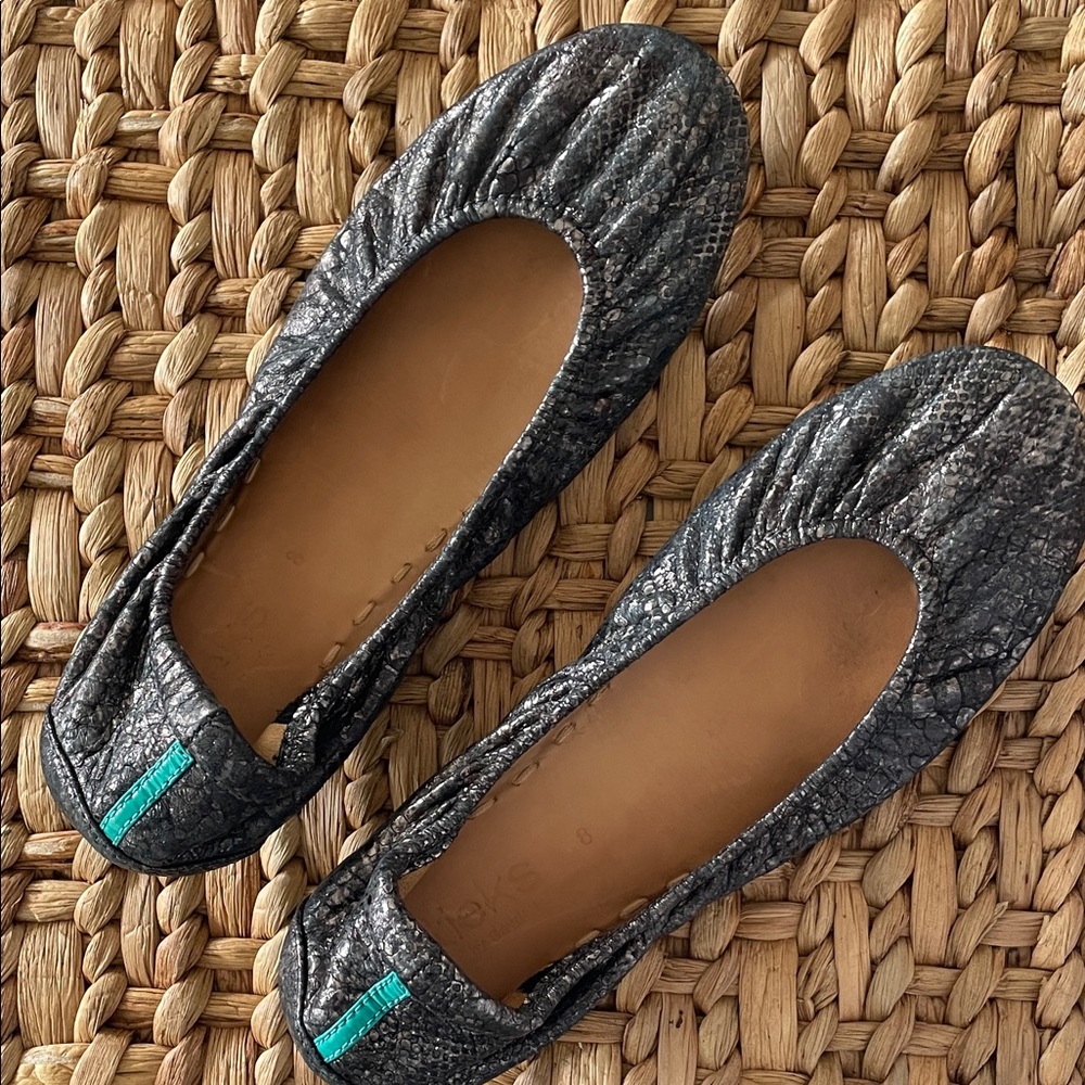 Tieks Metallic Charcoal Ballet Flats with Teal Heel Tab
